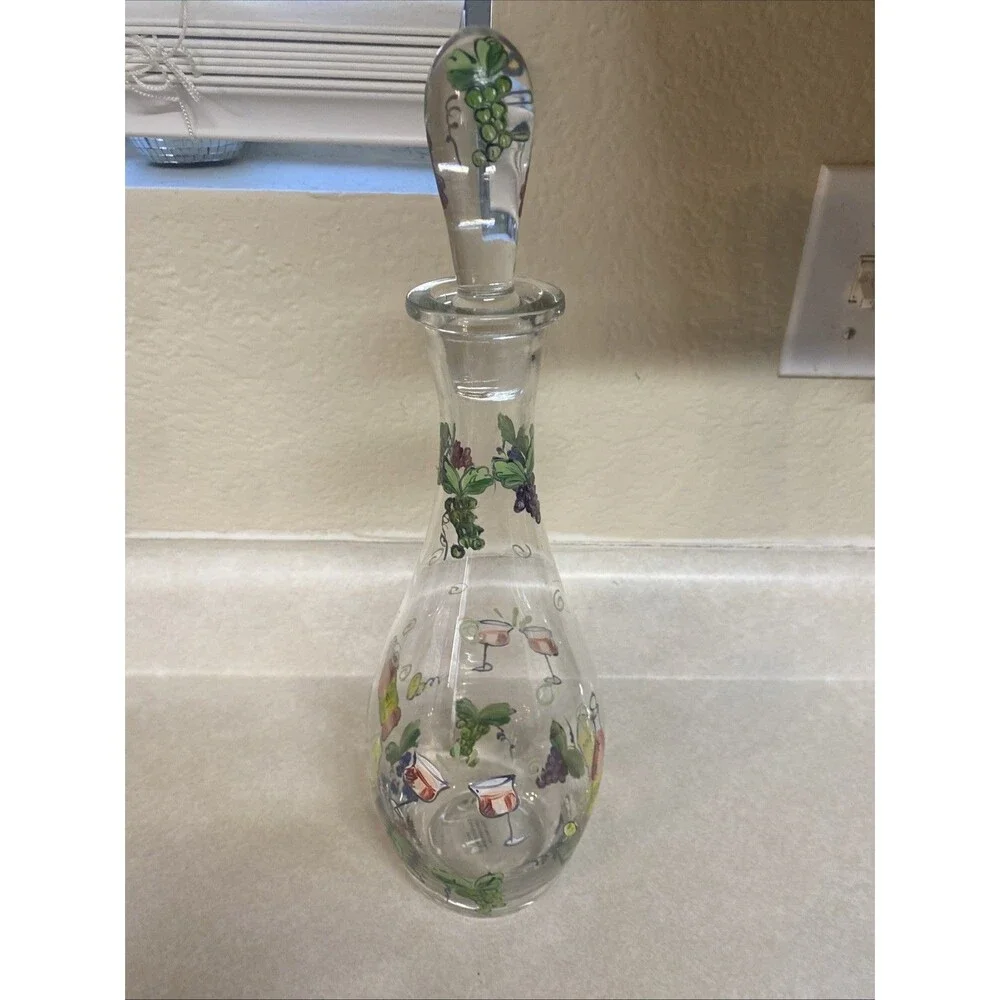 Vintage Hand Painted Wine Decanter Glass Stopper Lid Grapes Wine Cheese